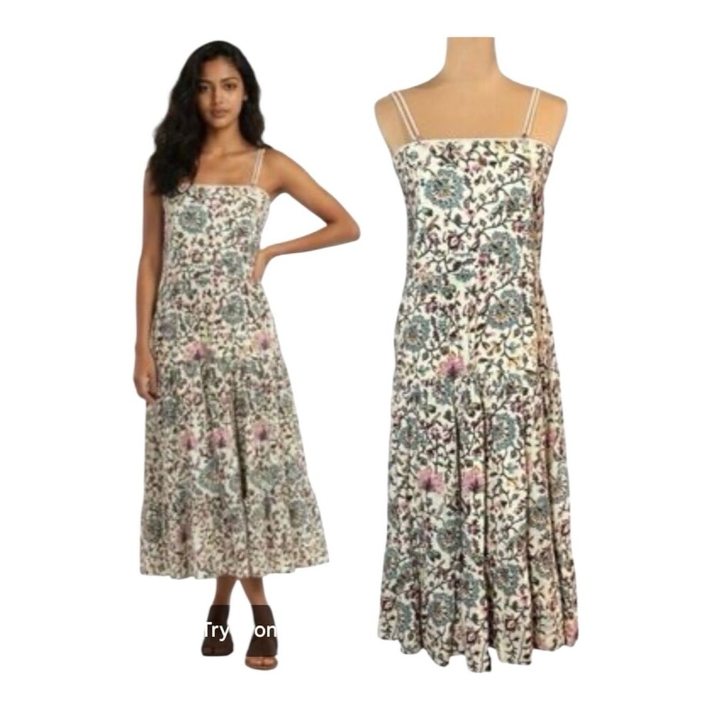 NWT RAGA Deema Tiered Cream Floral Maxi Dress with Pink & Blue Accents Medium